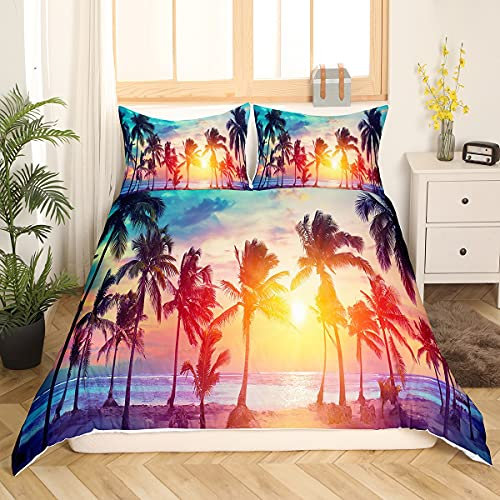 Palm Tree Duvet Cover Atoll Lake Bedding Set Miami Florida Sunset Comforter Cover For Kids Boys Girls Teen Atlantic Ocean Natural Scene Quilt Cover With 2 Pillow Cases King Size Gold Blue Black