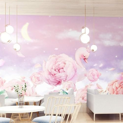 3D Nordic Pink Rose Blume Schwan Tapete Kreative Traum Mädchen Herz Bekleidungsgeschäft Thema Bed & Breakfast Schlafzimm Tapete Wanddekoration fototapete 3d Vlies wandbild Schlafzimmer-430cm×300cm
