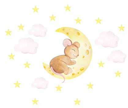 Adesivo da parete, motivo: topolino che dorme su luna, nuvole, stelle, per bambini, bambini, con immagine di Osomhome (160 x 130 cm) os2995