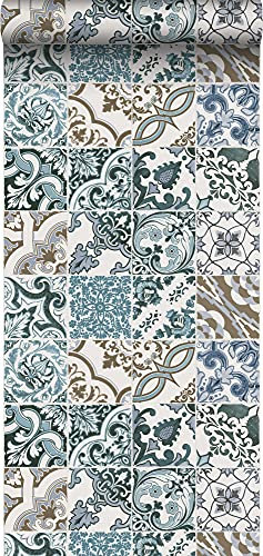 papier peint carreaux de ciment bleu et beige 50 x 900 cm - ESTAhome