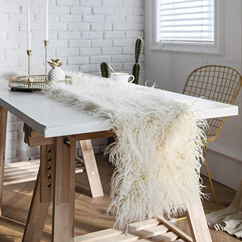 Ricemru Tischläufer Felloptik Beige Flauschig 30x180 Tischband Fell Kunstfell Boho Style Herbst Modern Tisch Läufer Home Decor für Hochzeit Party Weihnachten