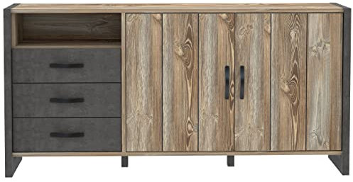 Newroom Sideboard Betonoptik und Picea Kiefer Sideboard Modern - 189,6x93,4x43,1 cm (BxHxT) - Highboard Anrichte - [Porter.Two] Wohnzimmer Wohnstube Büro