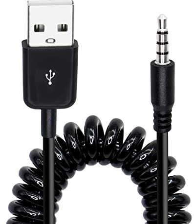 YACSEJAO Cable de audio USB a conector de audio de 3,5 mm en espiral de 3,5 mm macho AUX hembra a USB 2.0 macho cable de carga adaptador para reproductor de MP3, auriculares