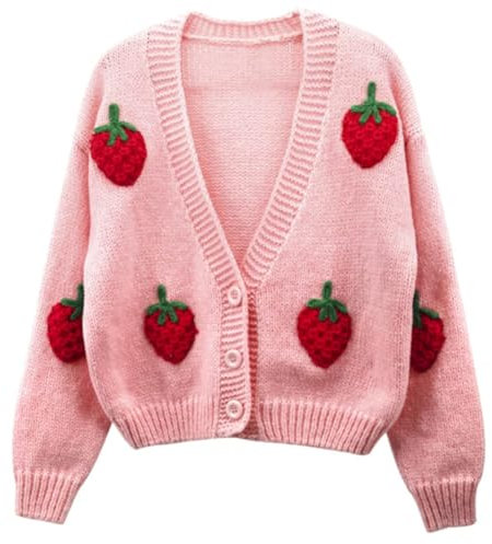 HOULENGS Cardigan corto da donna con stampa fragola a maniche lunghe con scollo a V, rosa, Taglia unica