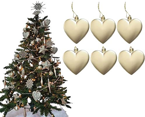 6pc Large Heart Xmas Baubles (Matte) - Great Christmas Tree Decorations, Heart Baubles (Champagne Gold)