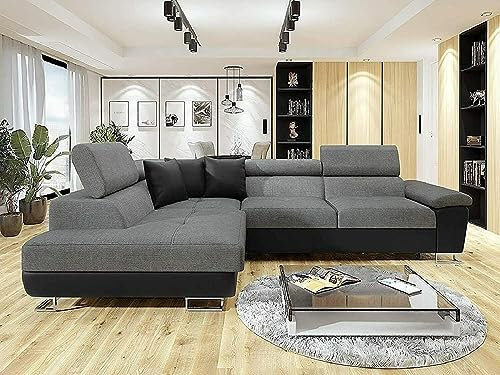 Anton - Sofa - Storage - Sofa Bed - Black/grey - Faux leather/fabric (Black/Grey, Left hand corner and Right hand corner) (Left Hand Corner)