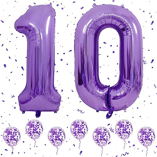 Ousuga Palloncini Compleanno Numero 10 Viola, 40 Pollici Grandi Palloncini Numeri Elio con 6Pz Palloncini Coriandoli Viola per 10 Ragazzi Ragazze Compleanno Anniversario Decorazioni Festa