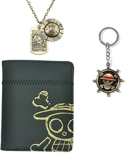 Bigemo 1 Stück Geldbörse Luffy Anime Geldbörse Strohhut Piraten Jolly Roger Anime Geldbörse mit 1 Stück Luffy Skelett Anhänger Halskette & Luffy Schlüsselanhänger für Männer Jungen Mädchen Frauen,