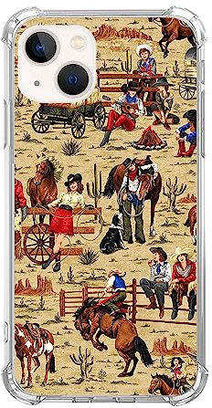 Vintage Wild West Adventure Handyhülle für iPhone 15, West Cowboy Cowgirl Desert Cover für Teenager Männer Frauen, trendige TPU Bumper Handyhülle für iPhone 15