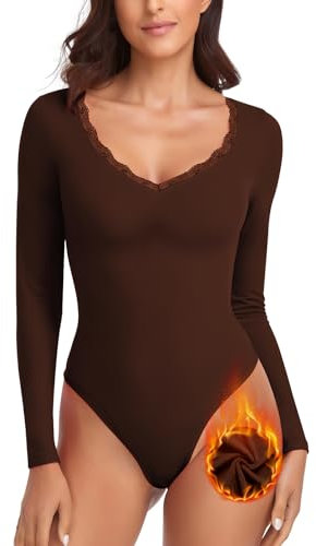WOWENY body thermique dames à manches longues élégant avec dentelle col en v polaire body chaud confortable hauts chemise