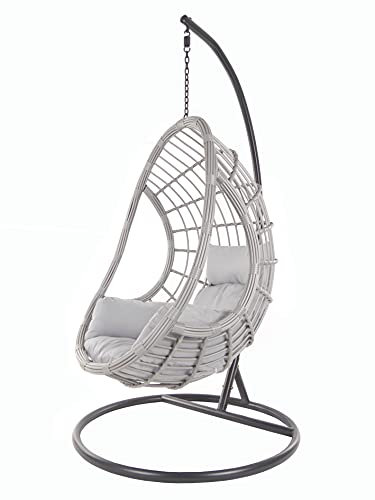 KIDEO Komplettset: großer Hängesessel mit Gestell & Kissen, Indoor & Outdoor, Poly-Rattan, grau (Kissen: grau Nest (8008 Cloud))