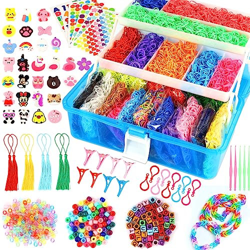 Feng Sunte 17500+ Loom Bänder Set, 28 Farbige Loom Bands mit 3-lagiger Blauer Aufbewahrungsbox, 600 S-Clips, 352 Perlen, Anhänger und Aufkleber, Loops Gummis-Armband-Bastelset für Kinder ab 7 Jahren