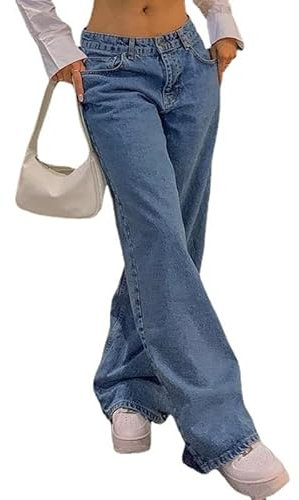 DSXH Pantalones Vaqueros Retro Relajados Azul Lavado Mamá Jeans de Cintura Baja Sueltos Femeninos (Blue,S)