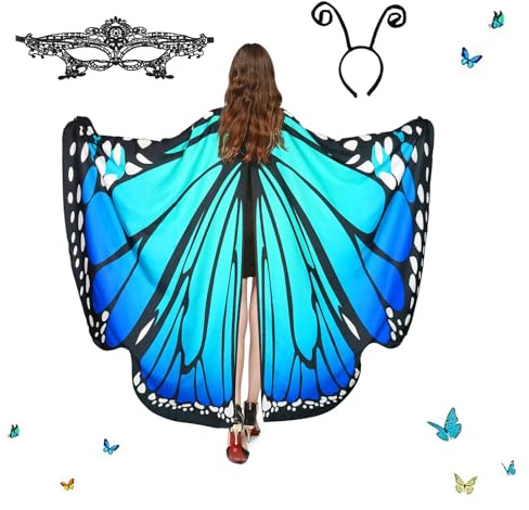LYNBLY Schmetterling Kostüm Damen Flügel Schmetterlingsflügel Erwachsene, Schmetterling Umhang Mit Maske Und Stirnband, Fee Kostüm für Cosplay Karneval Halloween Weihnachte