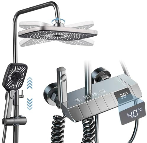 Sistema de ducha con termostato, pantalla digital LED, juego de columna de ducha, ducha de mano con 3 intensidades de chorro, juego de ducha con grifo, barra de ducha ajustable y alcachofa cuadrada