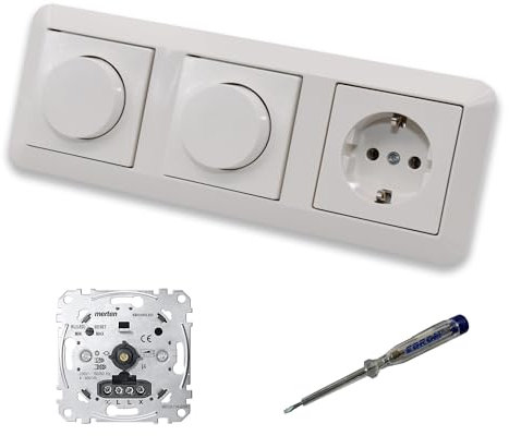 EBROM SET IDEE: Merten MEG5134-0000 (2 x) LED Drehdimmer Dimmer + Dimmerscheibe MEG5250-0319 und Steckdose MEG2301-0319 in polarweiß glänzend System M inkl. EBROM Phasenprüfer zur Montage der Geräte