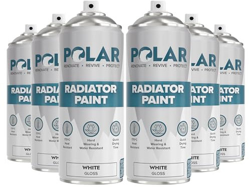 Polar Gloss White Radiator Spray Paint - 6 x 400ml | Heat Resistant up to 100ºC | Quick Drying & No Primer Needed | Exterior Surfaces of Radiators & Hot Water Tanks