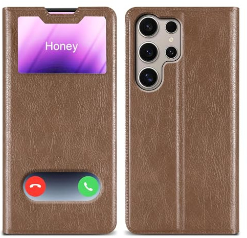 Cadorabo Hülle kompatibel mit Samsung Galaxy S24 Ultra in Stein BRAUN - Schutzhülle mit Magnetverschluss, Standfunktion und 2 Sichtfenstern