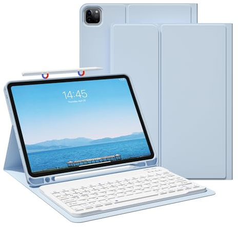 JKSML Hülle für iPad Pro 11 Zoll 4./3./2. Generation (2022,2021,2020) Mit Stifthalter, Abnehmbare Bluetooth Tastatur | Weiche TPU-Schutzhülle Mit QWERTZ Tastatur - Himmelblau