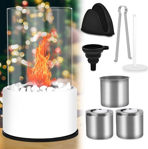 JONRRYIN Chimenea Bioetanol Mesa, Cheminée de Table con Piedras Decorativas,esteras aislantes, Chimenea de Mesa para decoración Interior y Exterior balcón terraza Piso jardín (White)