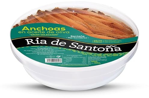Anchoas del Cantábrico Ria Santoña 65-70 filetes de la Ría de Santoña en Aceite de Oliva: Auténtica Delicia del Mar Cantábrico, Bajas en Sal y Sin Espinas, Peso Escurrido 400 gr (PACK 2).