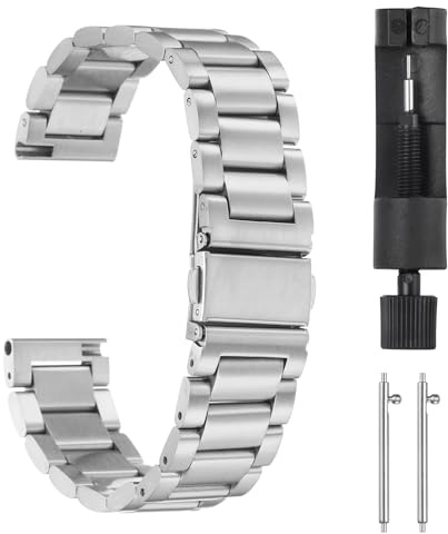 QUARKZMAN Edelstahl Ehrenarmband 18mm Metall Uhrenarmbänder Schmetterlingsverschluss Schnellverschluss Solide Stahlkette Ersatzarmband mit Adapter für Smartwatch Herren Damen, Silberton
