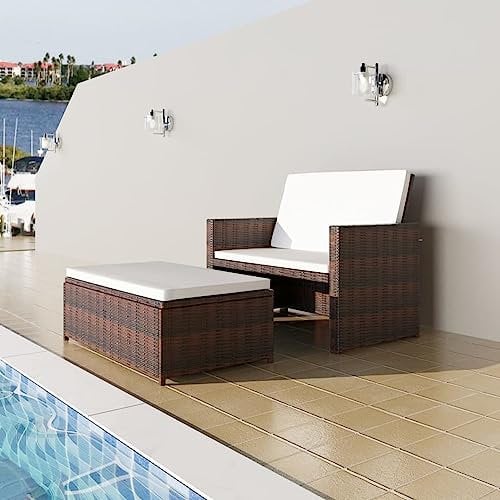 Rattan Lounge 2-Seater, Garden Sofa with Bed Function, Including Stool, Daybed Two-Piece, Small Rattan Couch as Outdoor, Sofa Set - 2-Seater Armchair with Stool and Sleeping Function, Brown