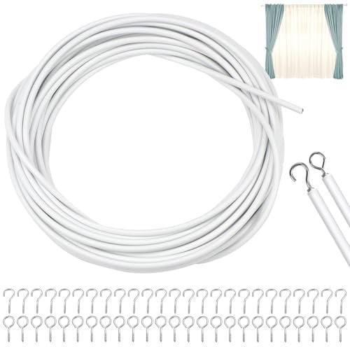10M Vorhangdraht Weiß, Gardinen Drahtseil, Schneidbares Gardinenseil, Gardinendraht Set mit Schraubösen und Haken zum Aufhängen von Vorhängen, Wandteppichen, Dekorationen