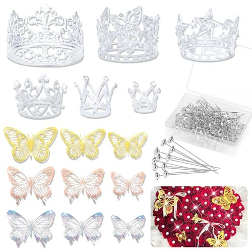 JITINX Flower Bouquet Accessories & Crowns for Flower Bouquets, Including 5 Pcs Cake Mini Crown Topper, 36 Pcs Butterfly Decorations&100 Pcs Flower Pins (Mini Crown and Butterfly(Silver crowns)