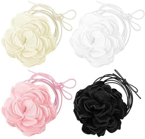 JYTDBCS 4Pcs Flower Choker Necklace for Women Girls, Large Rose Flower Necklace Fashionable Retro Big Flower Collar Tie Necklace Women Neck Accessories for Prom Bridal Party,flower choker