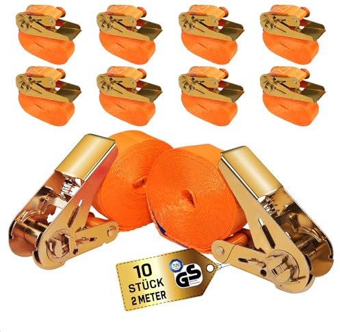 Lot de 10 sangles d'arrimage à cliquet de 2 m, 1000 kg, conformes à la norme DIN EN 12195-2 KODIAK STRAPS