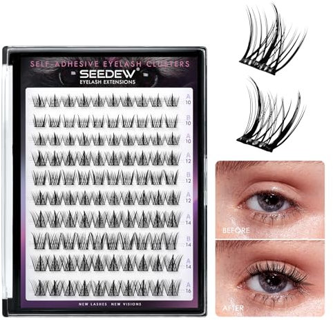 SEEDEW Faux Cils Individuel Naturel, DIY 100 Pièces Extensions de Cils à la Maison, Pas Besoin de Colle, Adapté Débutants, Doux Cils Auto-Adhésifs pour Quotidien Rencontres Fêtes(ABA-MIX10-16mm-Noir)