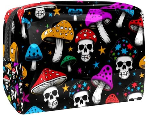 Anna Cowper Trousse de toilette en PVC avec motif de crânes et champignons, sacs de maquillage portables avec fermeture éclair, Multicolore 1, One Size
