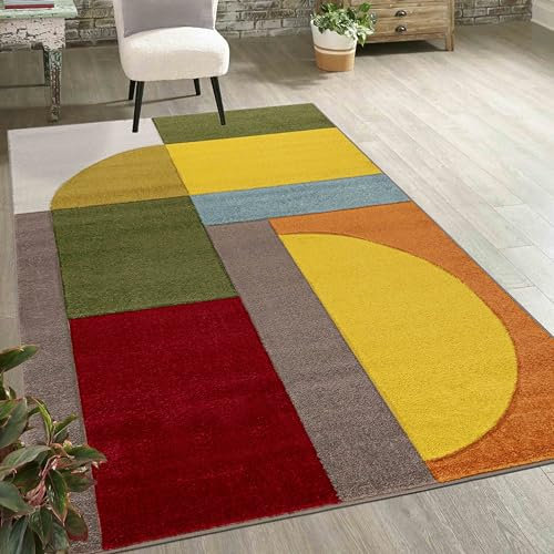 Mazovia Teppich Bunt - Moderner bunter Kurzflor-Teppich mit geometrischem Muster, weich & pflegeleicht, für Wohnzimmer, ÖKO-TEX Zertifiziert - Gelb Grün 200 x 300 cm