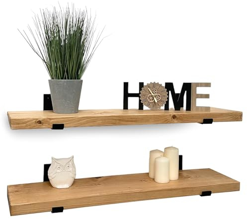 MKGT Handcrafted Rustic Wooden Floating Shelves – Wall Mounted with Black L Brackets – Made in the UK from Solid Timber – Kitchen & Living Room (Set of 2, 140cm)