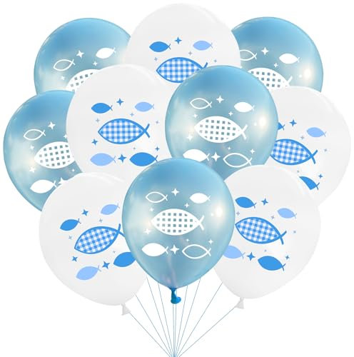 KOBOKO Taufe Deko Luftballon Blau, 20 Stk Deko Taufe Junge Kommunion Luftballons, Taufdeko Fish Muster Taufe Helium Ballon, Kommunion Deko Meine Taufe Ballons für Babyparty,Kommunion, Babyshower Deko