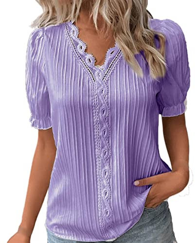 Camicia da donna elegante, a maniche corte, in pizzo, con scollo a V, elegante, taglie forti, camicetta estiva da donna, tinta unita, casual, per ufficio, Lilla 1, XL