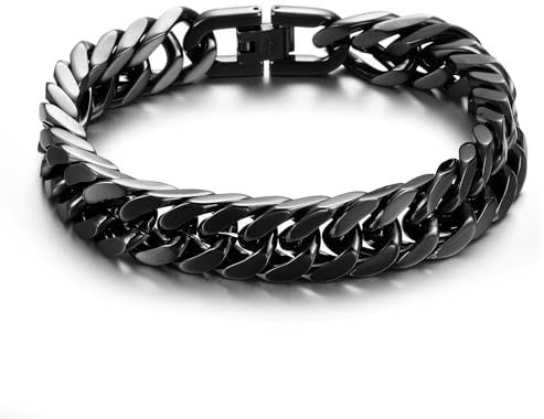 RWQIAN Armband Herren Schwarz Edelstahl Panzerkette Armbänder 12mm Männer Kubanische Armband 22cm Gliederarmband Geschenke für Papa Sohn Bruder Ehemann
