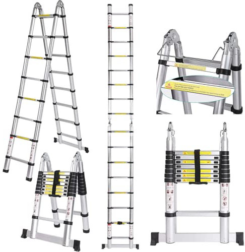 Nictemaw Escalera telescópica de 5 m, Escalera de Aluminio Multifuncional 2 en 1, Escalera Extensible de 150 kg, para Interior y Exterior
