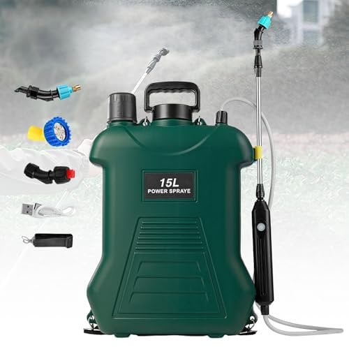 Spruzzatore a pressione a batteria, 15 litri, spruzzatore elettrico per piante con 3 ugelli per nebbia, potente spruzzatore elettrico a pressione per spruzzatura da giardino, tracolla regolabile