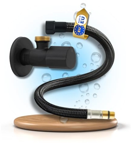 LAXARA Premium Anschluss-Set Schwarz Matt – Eckventil 1/2 x 3/8, Flexschlauch 3/8 x M10, + Teflonband | DVGW-geprüft, für Küche, Bad & Trinkwasser | Für Wasserhahn, Küchenarmatur und Bidet | 40 cm