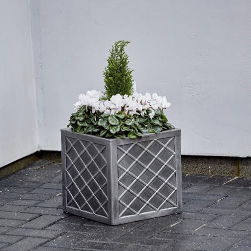 STORM TRADING GROUP Small Garden Lazio Square Planter Flower Box Pewter Plastic Pot Summer Outdoor Garden Boxes For Home & Office (1 Planter)