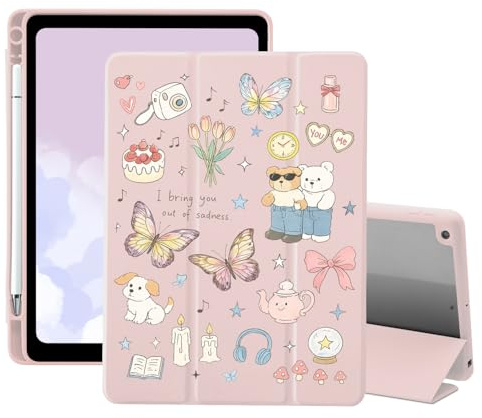 Kawaii Girls Preppy Case for iPad 5th/6th Generation(2017/2018), for iPad Air/Air 2 9.7 Inch with Pencil Holder Trifold Stand Pink Leather Girly Cover Clear Back Shell Auto Wake/Sleep