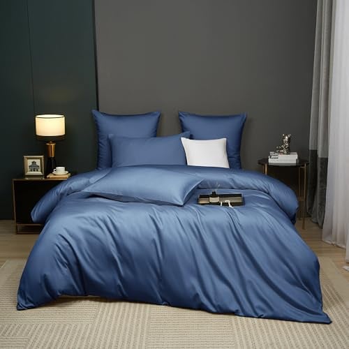 Luowei Mako Satin Bettwäsche 135x200 cm Baumwolle, 2‑teilig, Blau | 100% Baumwolle Seidig Weich Bettwäsche Set, Oeko-TEX Atmungsaktiv und Kühlend mit Reißverschluss und Kissenbezug 80x80