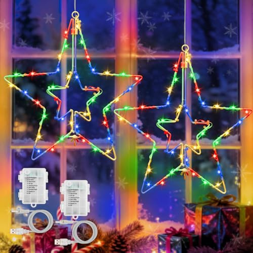 cshare Sterne Fenster Beleuchtet Weihnachten, 2 Pack 30cm Stern Mehrfarbig Lichterkette Batterie/USB mit Timer Sternenvorhang Weihnachtsbeleuchtung für Fensterdeko Weihnachtsdeko Innen Außen