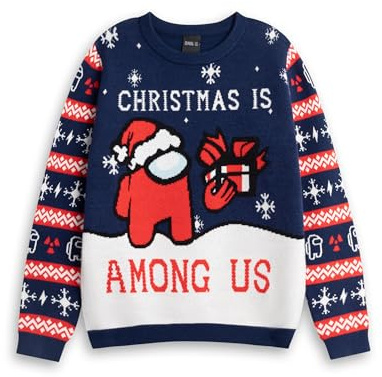 Among Us Christmas Jumper Options | Long Sleeve Fair Isle Design with Holidays or Christmas Text | Red or Navy Celebrations Outfit Merch