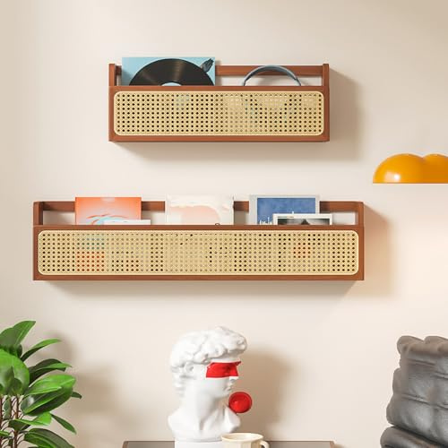 Labasuan 2-teiliges Set: Wandregal aus Rattan, Zeitschriftenhalter aus Holz mit PE-Rattan-Gitter, moderner Briefhalter im Rattan-Design, für Zuhause und Büro