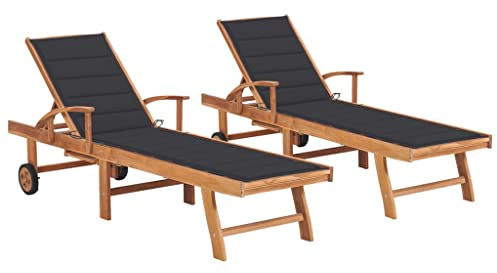 QUAHEAS 2er Set Sonnenliegen Anthrazit, Massivholz Teak, verstellbare Rückenlehne, mit Auflagen, für Garten, Terrasse, Pool, wetterfest