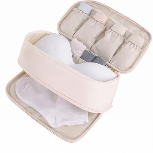 Reise-Organizer für Unterwäsche und BHs für Koffer, Beige, Tragbare Aufbewahrungstasche mit Fächern für BHs, Slips und Socken, 28x16x11 cm