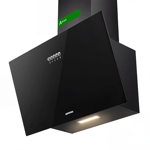 Upstreman Campana Extractora 60 cm, A+++, 56 dB, Diseño Inclinado | 3 vel (324 m³/h), bajo consumo 7 kWh, evita golpes, visión despejada, filtros carbón, LED, filtro lavable, cristal templado